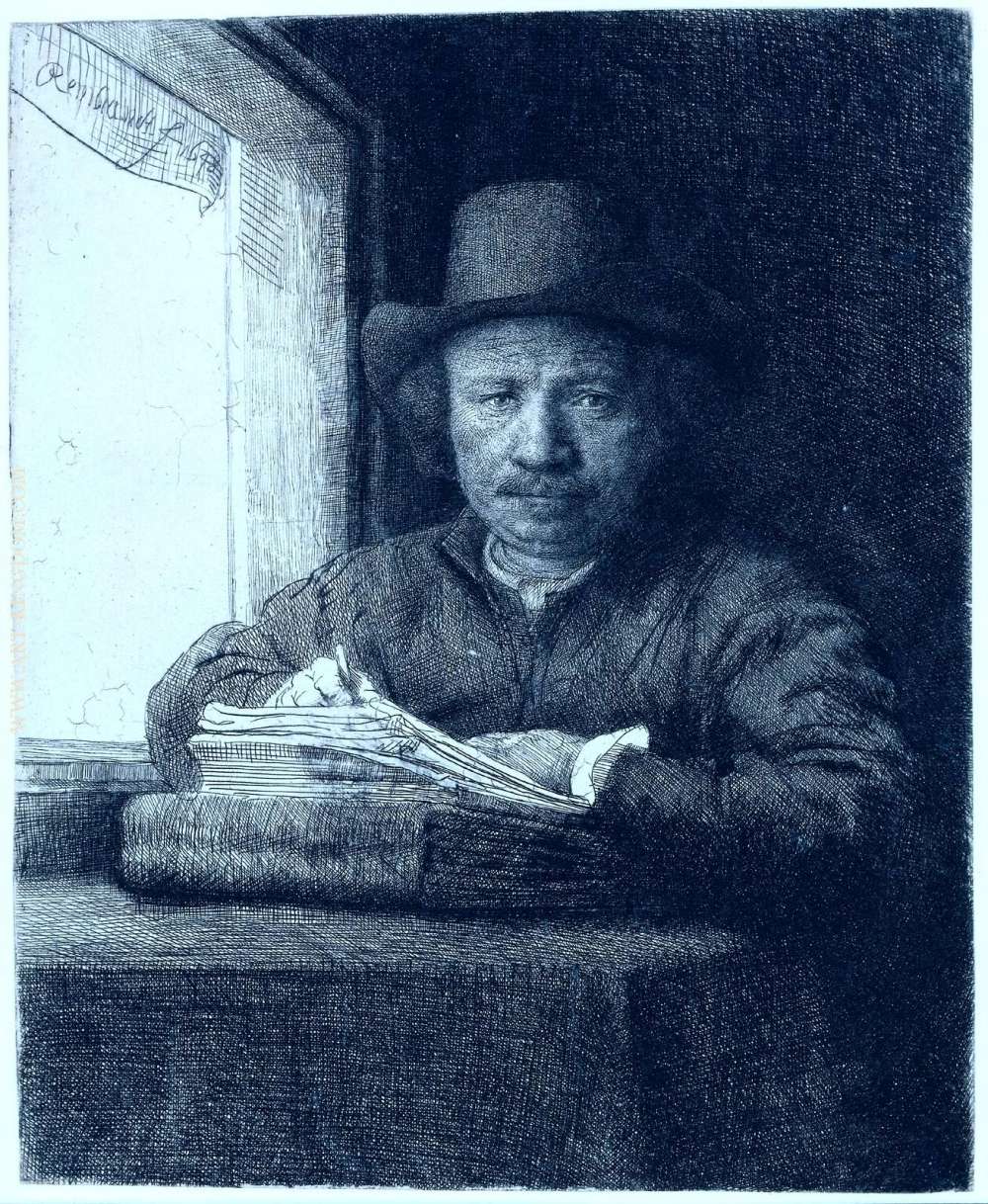 Rembrandt drawing at a window