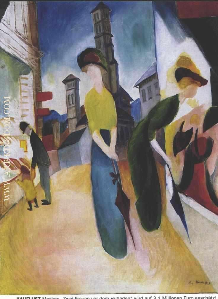 Two women in front of a hat shop