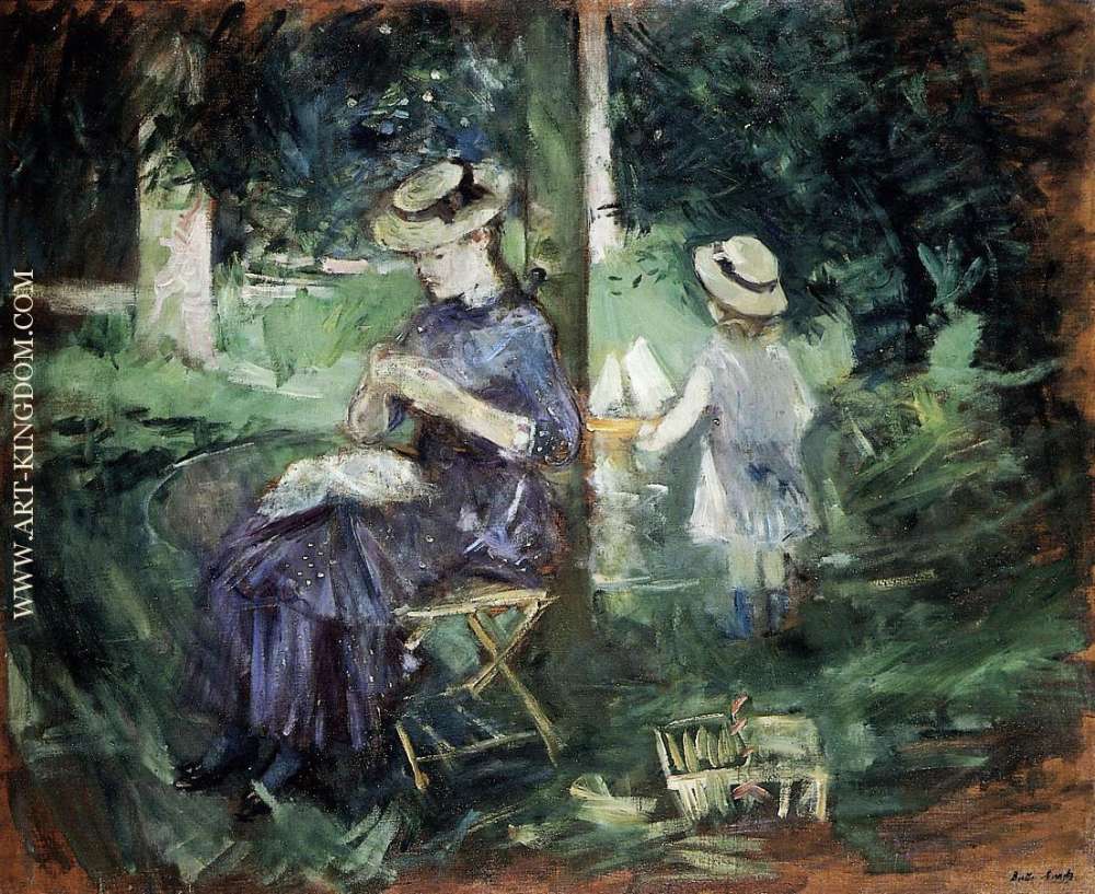 Girl Sewing in a Garden