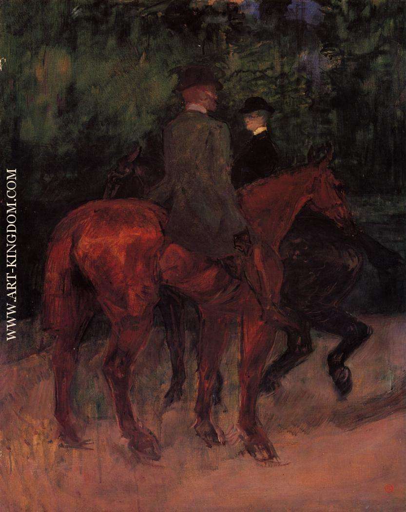 Man and Woman Riding through the Woods