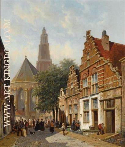 Elegant figures in a sunlit Dutch town