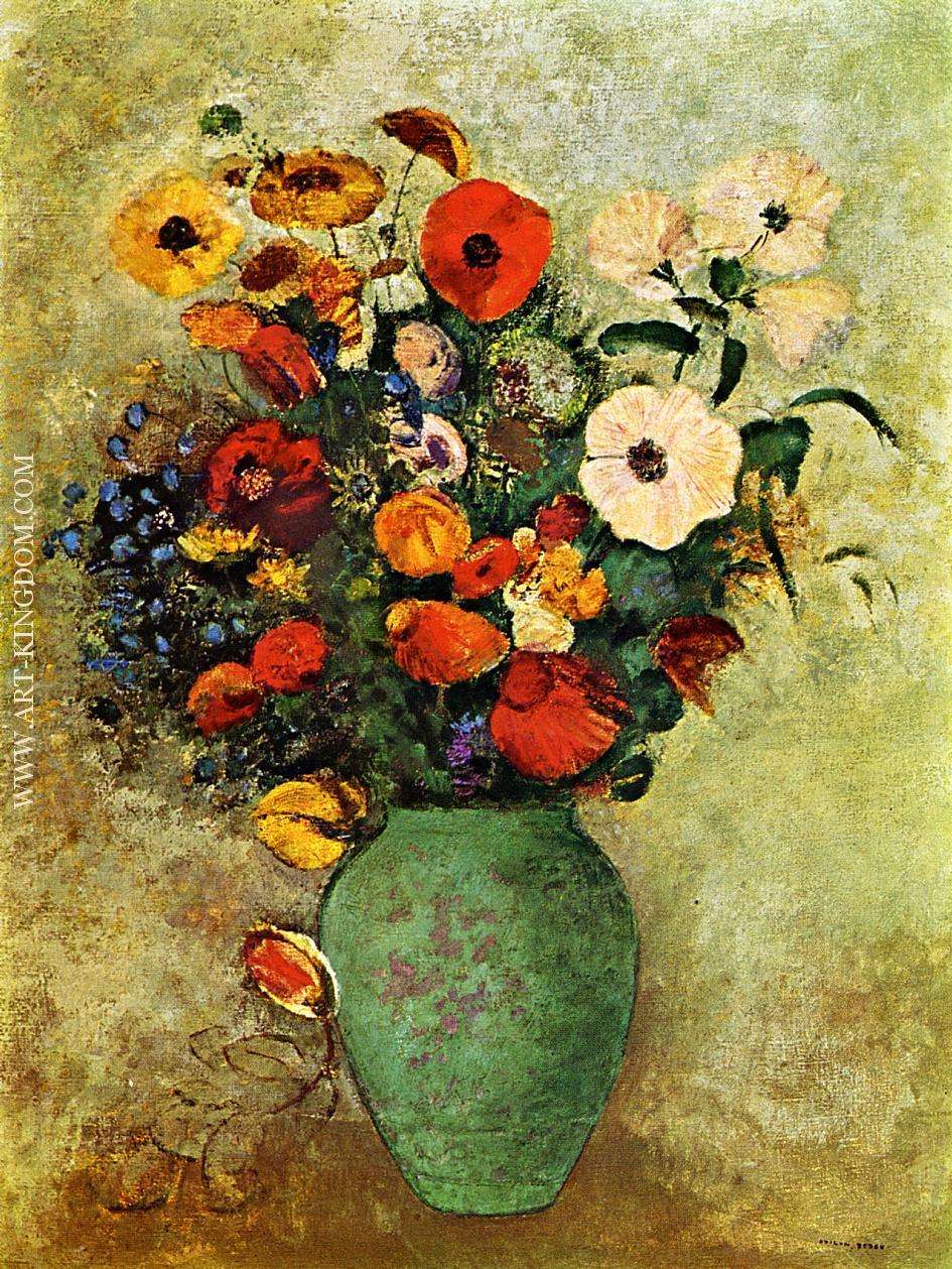 Bouquet of Flowers in a Green Vase