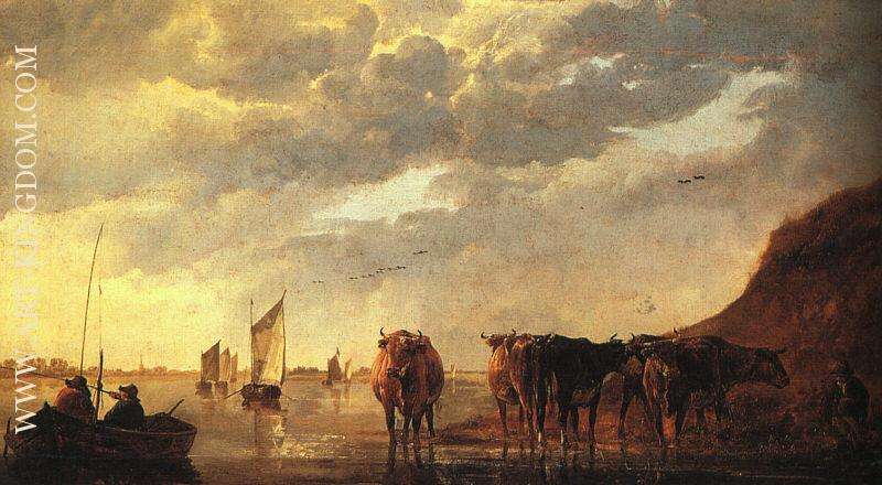 Herdsman with Cows by a River