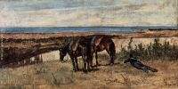 A soldier with two horses on the shore of the sea
