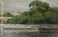 Peniches amarees front of trees and bridge