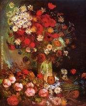 Vase with Poppies Cornflowers Peonies and Chrysanthemums