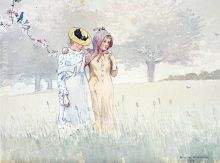 Girls Strolling in an Orchard