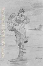 A Fisher Girl on Beach Sketch for illustration of The Incoming Tide 