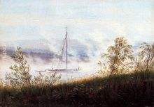 Ship on the River Elbe in the Early Morning Mist