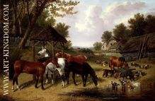 Horses by a Farmyard pond
