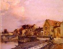 Figures At The Village Pond, Sunset