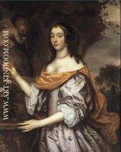 Portrait of a Lady standing three quarter length wearing a lavender silk dress with wh