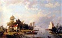 A River Landscape With A Ferry And Figures Mending A Boat